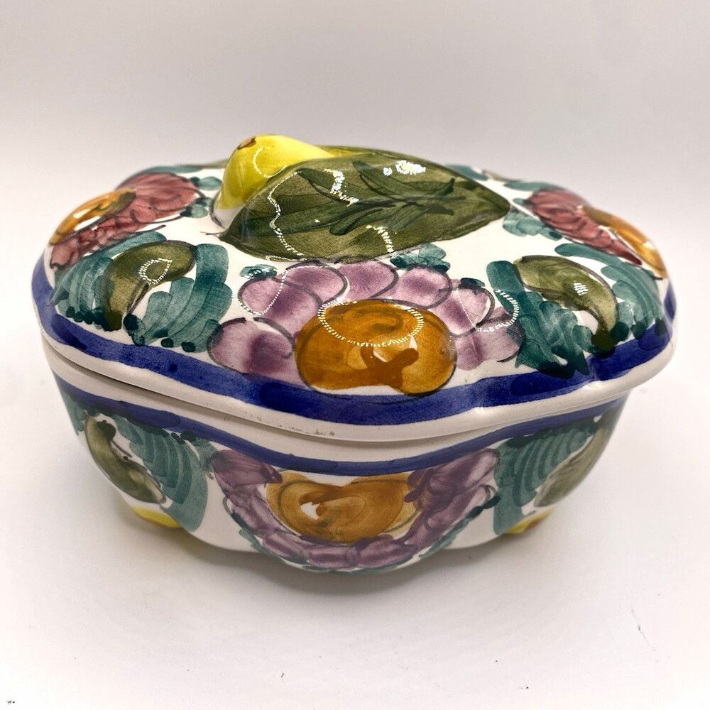 Vintage Greek Folk Art Ceramic Trinket Box Hand Painted Floral AA Handmade 5x4"
